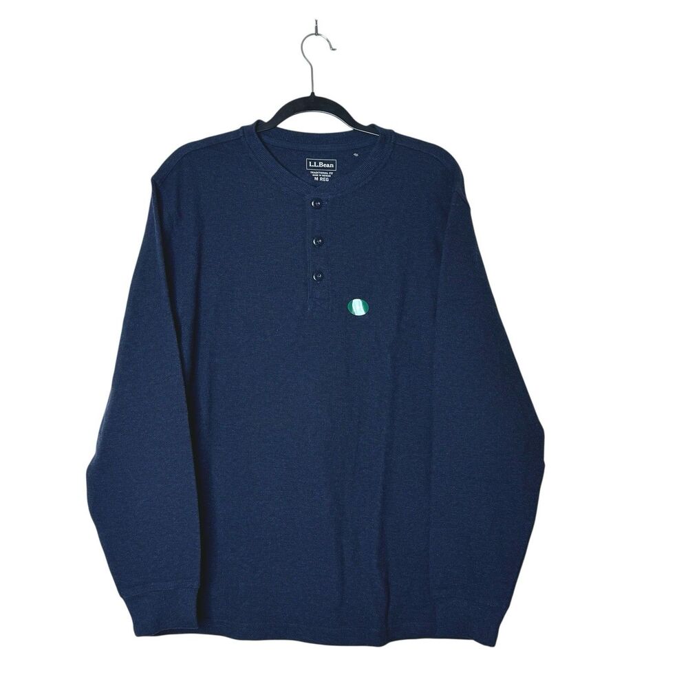 LL Bean Traditional Fit Navy Long Sleeve Henley Waffle Knit Medium 100% Cotton